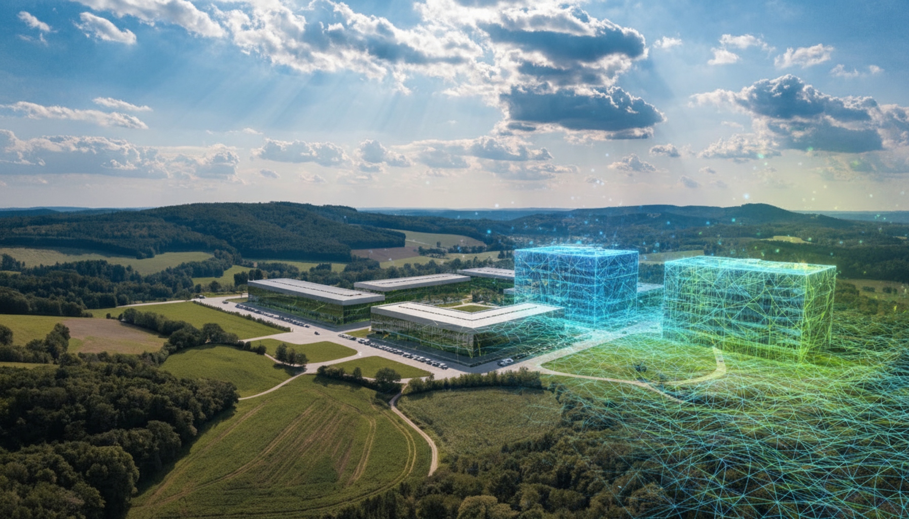 Aerial view of a data center campus overlaid with digital building massing and surface-model visualization.